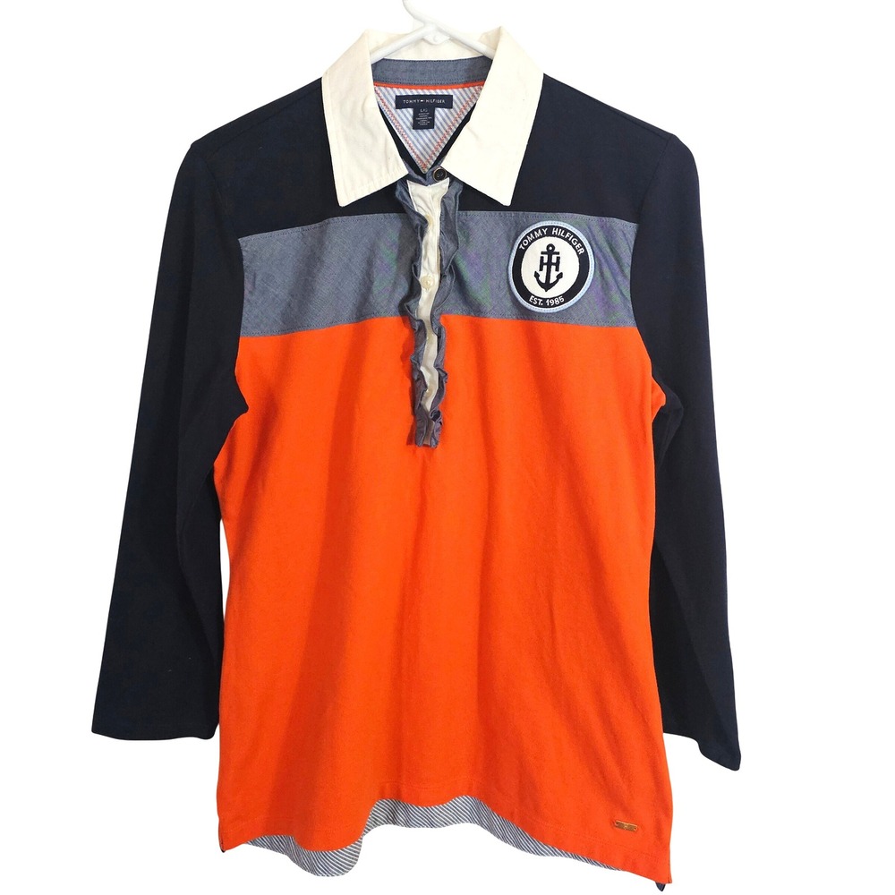Tommy Hilfiger Womens‎ Nautical Long Sleeve Polo Rugby Shirt Orange Navy NWOT